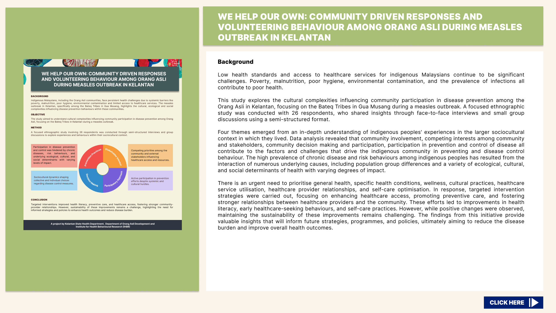 SLIDE WE HELP OUR OWN COMMUNITY DRIVEN RESPONSES AND VOLUNTEERING BEHAVIOUR AMONG ORANG ASLI DURING MEASLES OUTBREAK IN KELANTAN 1
